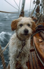 Poster - A dog is sitting on a boat with its head tilted to the side