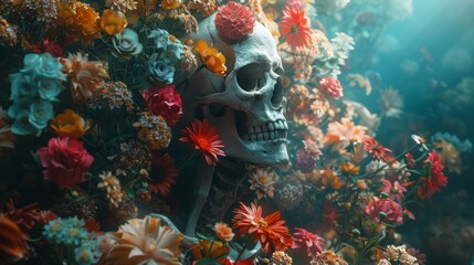 Wall Mural - A skull is surrounded by flowers and leaves
