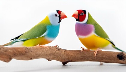 Wall Mural - Gouldian finches sitting on a branch with a white background