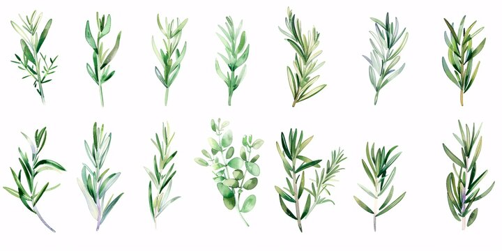 A selection of new rosemary on a white background.