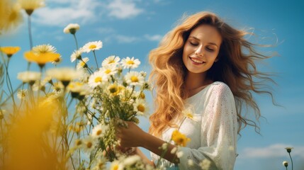 Wall Mural - A woman is standing in a field of yellow flowers, holding a bunch of them