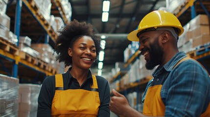 Wall Mural - Two elated warehouse associates grinning at each other while documenting stock.