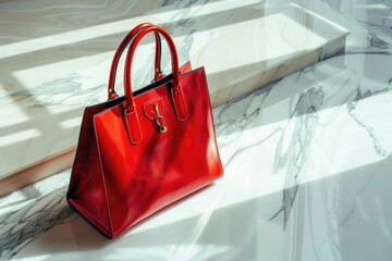 Wall Mural - A red handbag sits on a white marble floor, waiting to be picked up