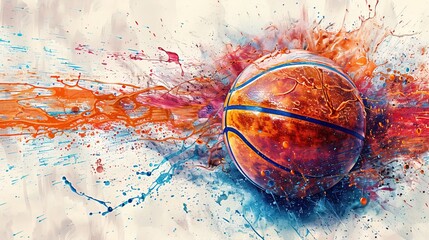 Wall Mural - Basketball ball with colorful splashes, minimalist fun basketball poster, school friendly match, street basketball event invitation