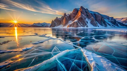 Serene winter landscape of ogoy island on lake baikal, siberia, russia, featuring cracked blue ice illuminated by warm sunrise light, surrounded by snow-covered mountains.