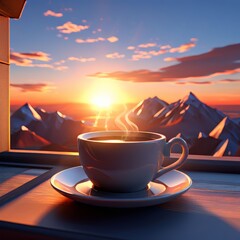 Wall Mural - cup of tea on sunset