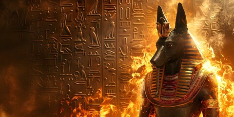 Wall Mural - The Enigmatic Power of an Anubis Statue Engulfed in Flames and Egyptian Hieroglyphs. Concept Egyptian Mythology, Anubis Statue, Flames, Hieroglyphs, Enigmatic Power