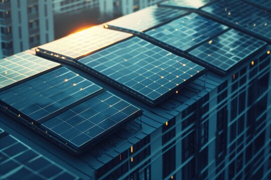 Rooftop Solar Panels in Sunlight: Showcasing Green Energy Infrastructure, Wallpaper, banner design, brochure, web, background template, concept of sustainability, counter urbanization, de-urbanization