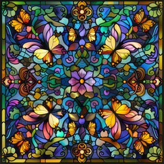 Wall Mural - A colorful stained glass butterfly design with a flower in the center