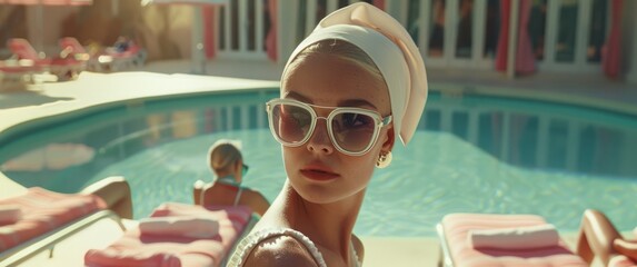 A scene from an aesthetic film set in the 60s, a blonde woman in sunglasses and a white headscarf stands at her poolside table, and swimsuit fashion model woman sits on a chair next to the hotel's out