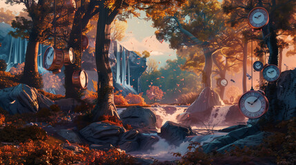 Wall Mural - surreal forest landscape with hanging melting clocks and autumn colors
