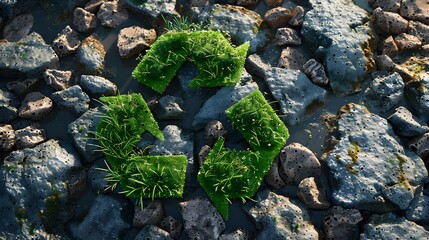 A recycle symbol made of grass and rocks.