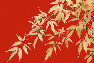 Golden leaves illustration on red background, simple luxury concept illustration