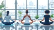 © KanitChurem - Three women practicing yoga in a modern studio with large windows and plants, focusing on meditation and relaxation.