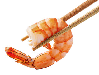 chopsticks holding shrimp isolated on a transparent background