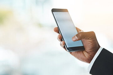 Aufkleber - Business person, hands and phone with screen for communication, online trading or news at office. Closeup of employee typing on mobile smartphone, display or app for social media with mockup space