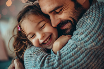 Sticker - Cute little girl hugging her father and laughing at home, close up portrait of a happy family showing love with a young child daughter smiling in the arms of her dad, copy space for text stock photo c