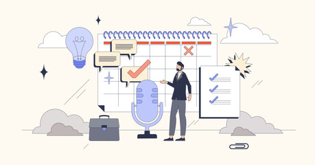 Interview coach about work time management tiny person neubrutalism concept. Professional advice from mentor about business scheduling and planning for strategic productivity vector illustration.
