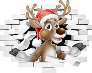 Sticker - A Christmas cartoon reindeer in Santa hat breaking through a brick wall