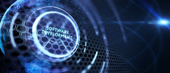 Inscription Software Development on the virtual display. Business, modern technology, internet and networking concept. 3d illustration
