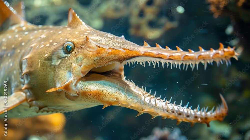 The image shows a sawfish, a type of fish that has a long, flat snout ...