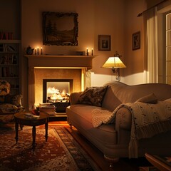 Wall Mural - A cozy living room with a fireplace, a couch, and a coffee table