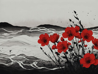 Wall Mural - Asian ink illustration, Red flowers, black waves