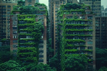 Wall Mural - Abandoned high-rise buildings covered with plants