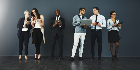 Wall Mural - people, recruitment and mobile tech in row, hr and company as web developer in digital agency or net