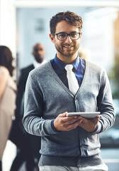 business person, tablet and portrait for project in company as web developer in digital agency. man,