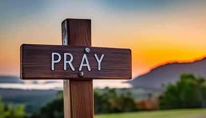 Wall Mural - A wooden cross sign with the word PRAY written on it, with a blurred background of nature and sky at sunset