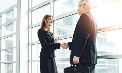 Woman, man and business agreement or shaking hands, welcome or thank you for meeting in office. Partnership, handshake and trust with greeting for b2b or teamwork, collaboration in workplace for deal