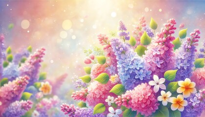 Wall Mural - A bright spring background featuring a variety of colorful lilac flowers