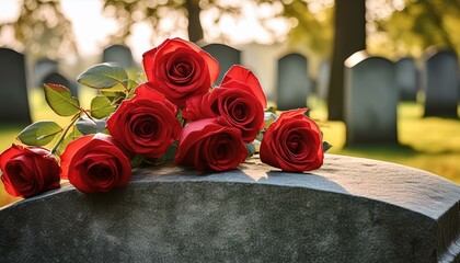 Canvas Print - Red roses on a gravestone in a cemetery