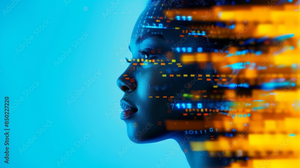 AI cyber hacking concept banner. Black female cyberspace security IT ...