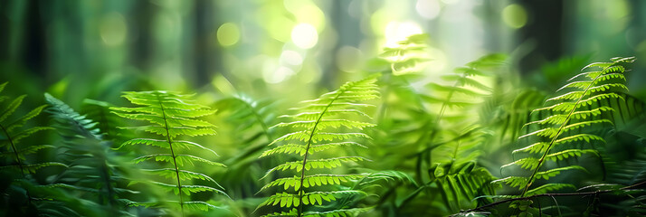 Green fern in the summer in the forest. Creative banner. Copyspace image
