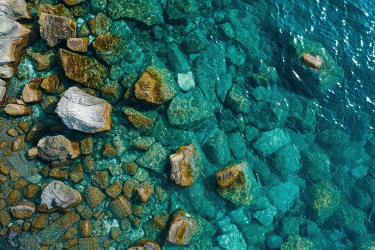 Aerial view of crystal clear water along the coastline with rocky seabed - generative ai