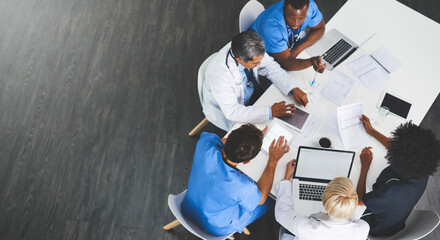 Wall Mural - medical team, meeting and technology in office from above, paperwork and healthcare in hospital. men