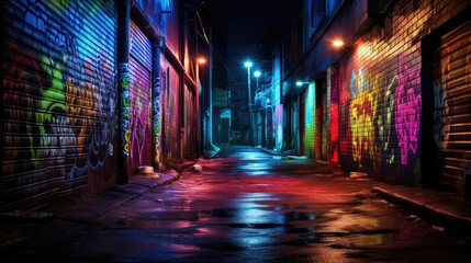 Luminous neon lights illuminating dark alley