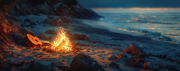 Beachside bonfire with acoustic guitar serenade, music and beach ambiance, 4K hyperrealistic photo.