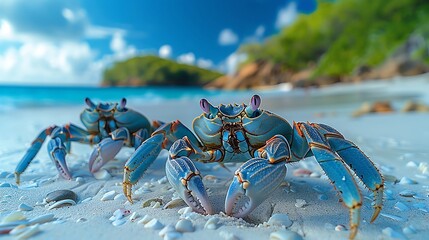 Close-up of two colorful crabs on a pristine beach with turquoise waters in the background, vibrant coastal wildlife scene.