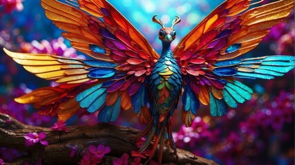 A beautiful illustration of a multicolored mythical bird with outspread wings. AI.