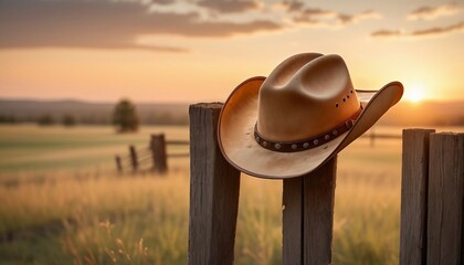 A cowboy hat hanging on an old wooden fence, copy space for text, sunset view