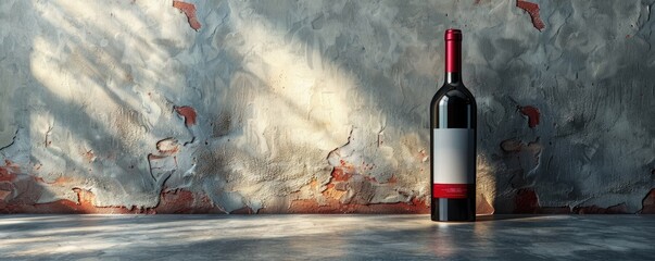 minimalistic and elegant design of red wine against the background of an old wall with light from the window, with copy space