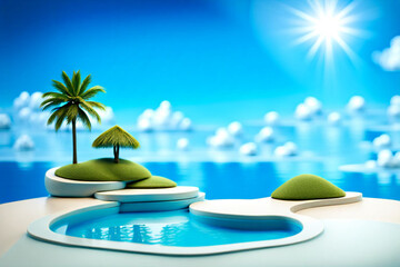 Poster - 3D rendering of a summer vacation scene featuring a white podium on a sandy beach with a palm tree and umbrella in the background. The sky is a bright blue.



