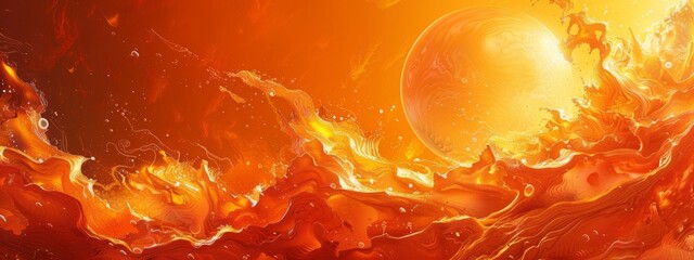 Wall Mural - Digital artwork featuring a fiery sunset melting into an orange wallpaper, blending the boundaries of reality and imagination. 