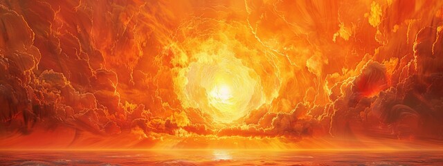 Wall Mural - Digital artwork featuring a fiery sunset melting into an orange wallpaper, blending the boundaries of reality and imagination. 
