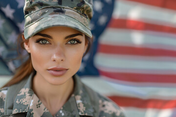 Wall Mural - Portrait of a young female soldier in military uniform standing in front of the USA flag, looking at the camera with a serious and proud expression, with copy space for text....