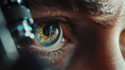 Close-up of a scientist's eye looking through a microscope