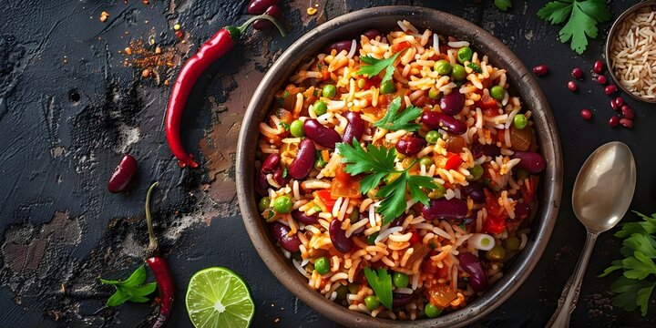 Overhead shot of traditional Indian dish rajma chawal with kidney beans. Concept Food Photography, Indian Cuisine, Overhead Shot, Rajma Chawal, Kidney Beans